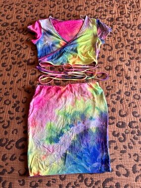 Tie-Dye Wrap Crop Top & Skirt Set - Multi